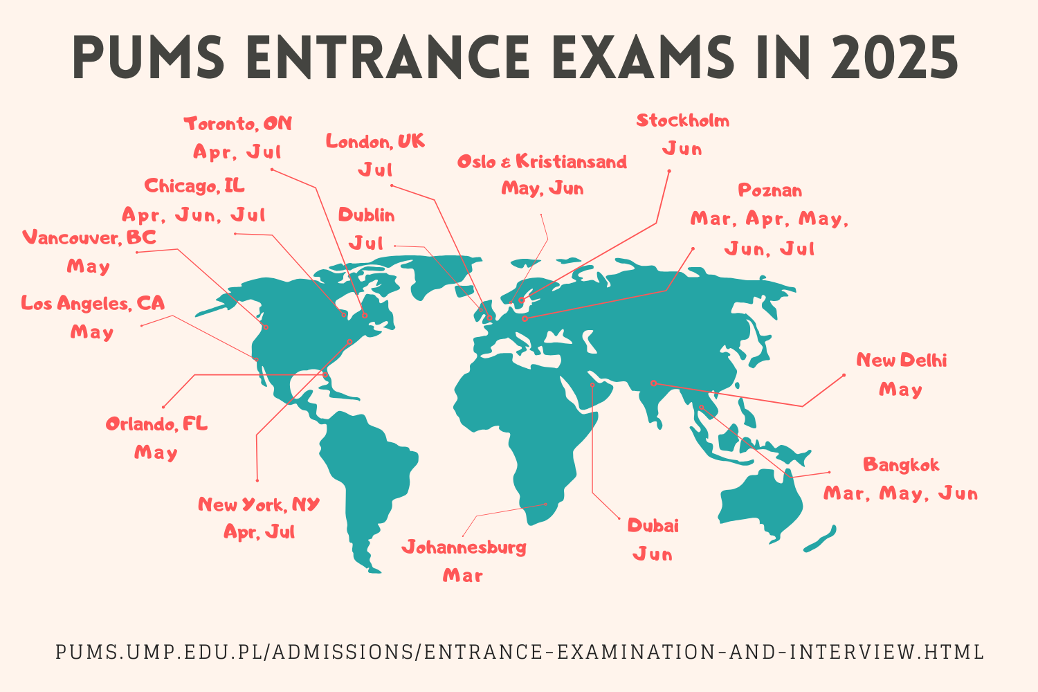 A map showing locations and dates for entrance exam sessions in 2025